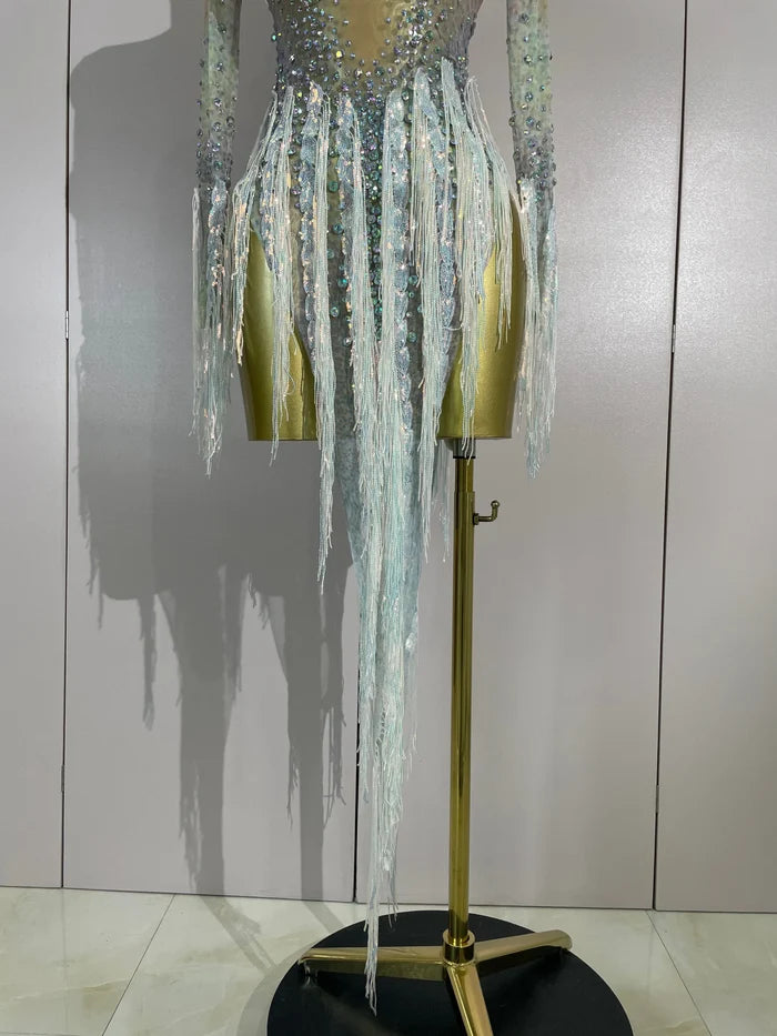 Riza rhinestone tassel long sleeve mesh mini dress for women. Sexy party outfit for Latin dance, nightclub, and club events.