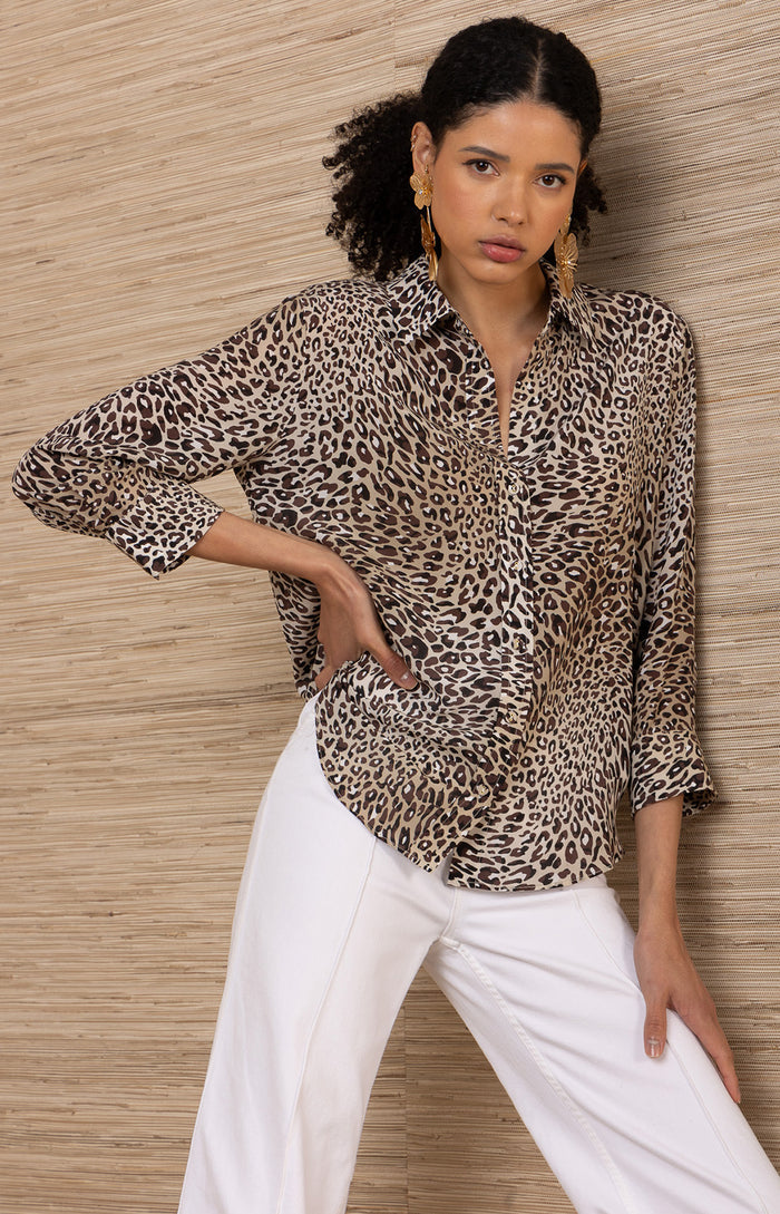 Rosalina Silk Top, color-Brown
