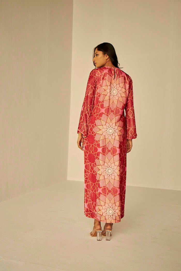 Rust- Bukhara Velvet Straight Long Dress, exclsuive print created in house, inspired by the architecture of Uzbekistan, BeTrue, Be True