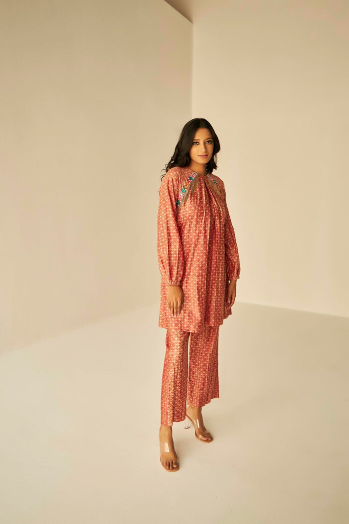 Rust -Raglan Sleeve Embroidered Shibori Shirt And Pants Set, BeTrue, Be True