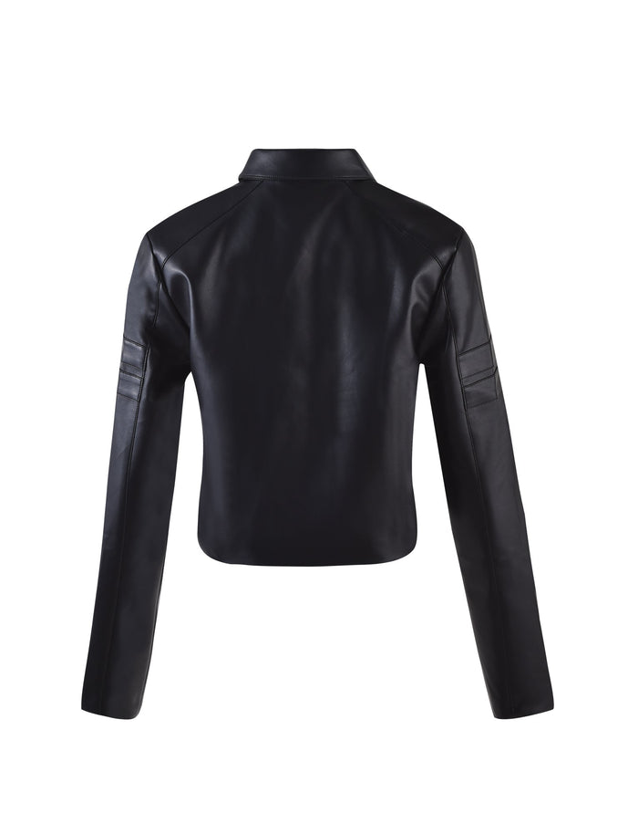 The image shows the back view of the TIGERMIST RYDER JACKET - BLACK. The jacket features a sleek and minimalist design with a straight cut and long sleeves. The material appears smooth and slightly glossy, with subtle seam detailing on the sleeves and shoulders.