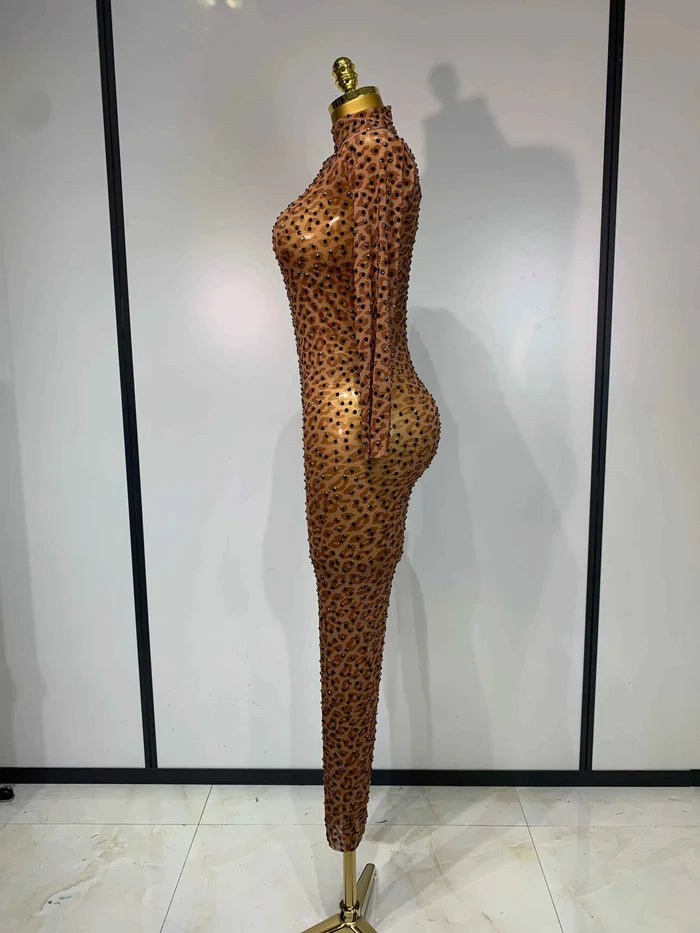 Rynlee Black Crystal Women Sexy Long Sleeve Leopard Mesh Sheer Bodycon Jumpsuit