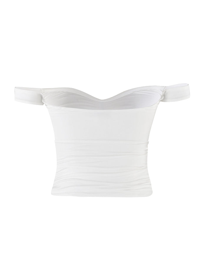 The SAFAA TOP - WHITE from TIGERMIST is an elegantly simple, fitted women's top featuring a white off-the-shoulder design with short sleeves. The fabric is slightly ruched, adding a textured look, and the slightly curved neckline completes the sophisticated style.
