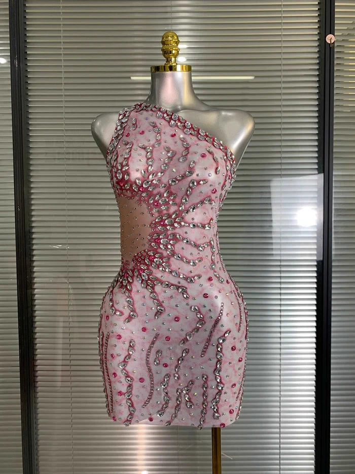Sandy One Shoulder Crystal Mesh Bodycon Mini Dress