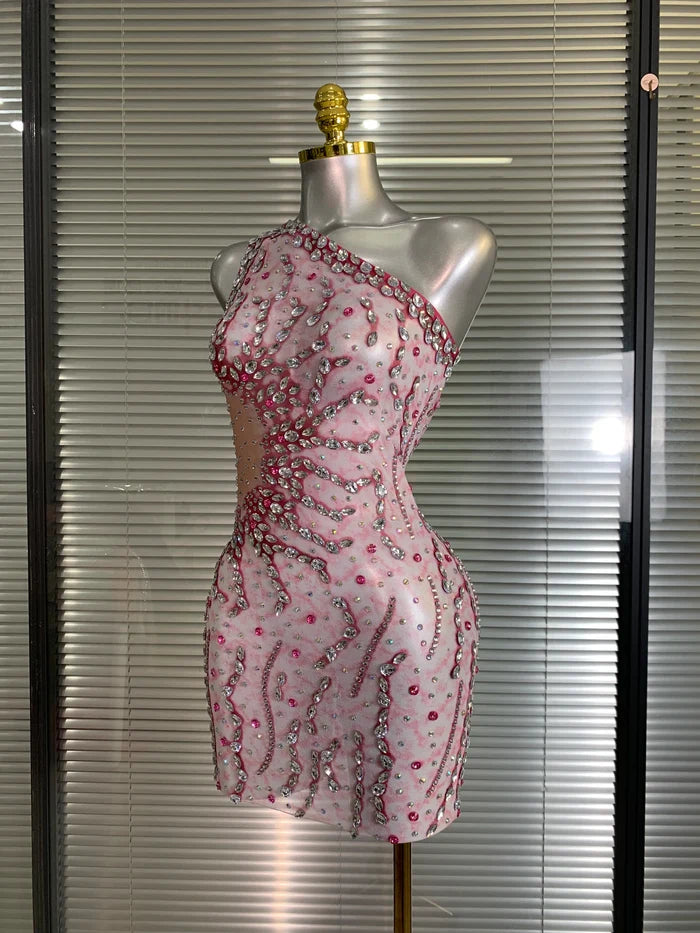 Sandy one shoulder crystal mesh bodycon mini dress for women. Sexy sparkly outfit for nightlife, stage performances, and parties.