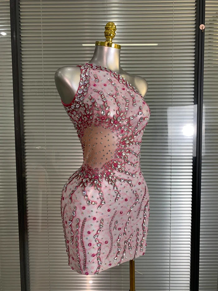 Sandy one shoulder crystal mesh bodycon mini dress for women. Sexy sparkly outfit for nightlife, stage performances, and parties.