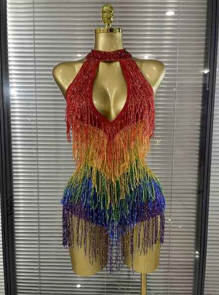 Sarah Rainbow Sequins Tassels Women Sexy Off the Shoulder Keyholes Bodycon Mini