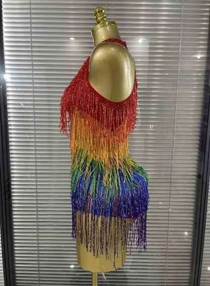 Sarah Rainbow Sequins Tassels Women Sexy Off the Shoulder Keyholes Bodycon Mini