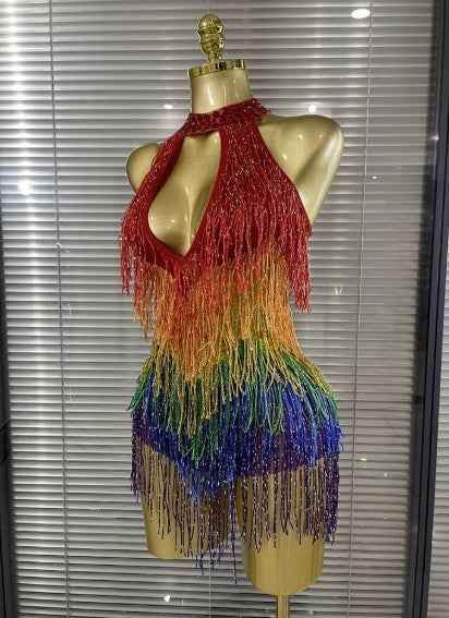 Sarah Rainbow Sequins Tassels Women Sexy Off the Shoulder Keyholes Bodycon Mini