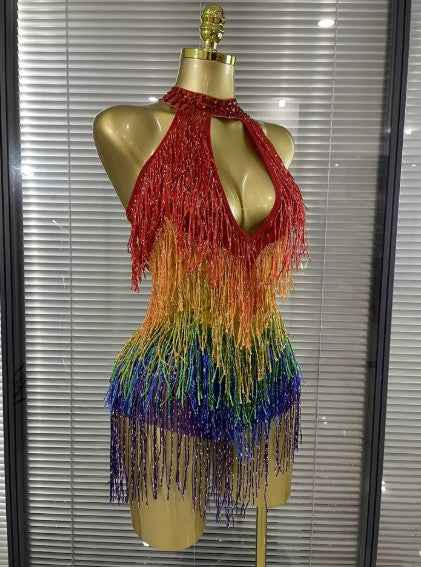 Sarah Rainbow Sequins Tassels Women Sexy Off the Shoulder Keyholes Bodycon Mini
