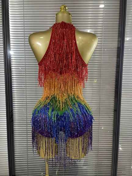 Sarah Rainbow Sequins Tassels Women Sexy Off the Shoulder Keyholes Bodycon Mini