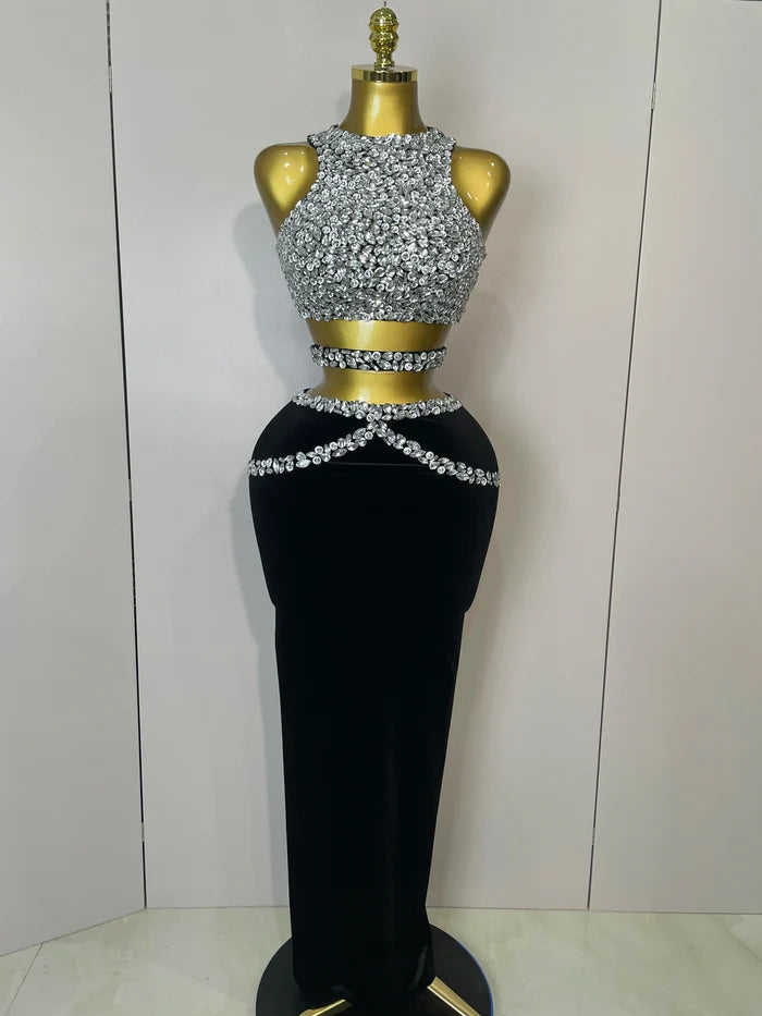 sparkly rhinestone velvet two-piece set with crop top and skirt, perfect for birthdays, nightclub, stage, and elegant parties.