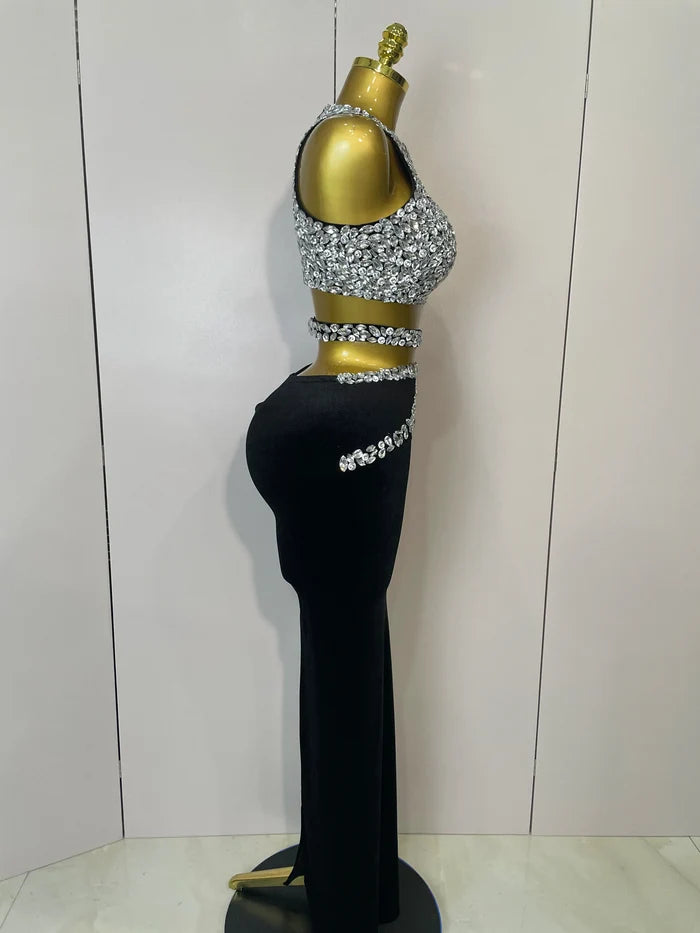 sparkly rhinestone velvet two-piece set with crop top and skirt, perfect for birthdays, nightclub, stage, and elegant parties.