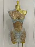 Sasha One Shoulder Rhinestone Mesh Sheer Mini Dress