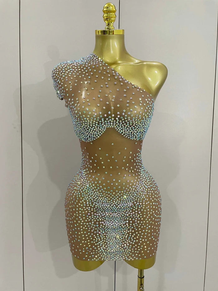 Sasha One Shoulder Rhinestone Mesh Sheer Mini Dress