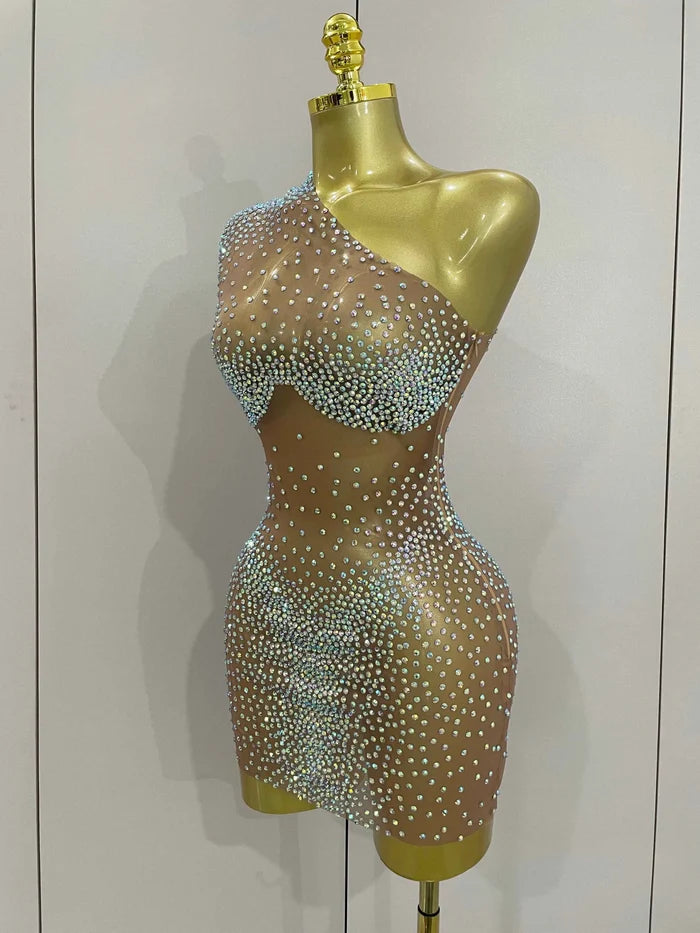 Sasha One Shoulder Rhinestone Mesh Sheer Mini Dress