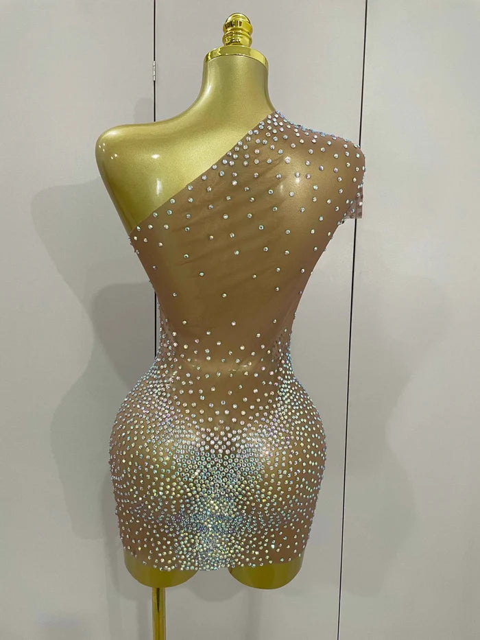 Sasha One Shoulder Rhinestone Mesh Sheer Mini Dress