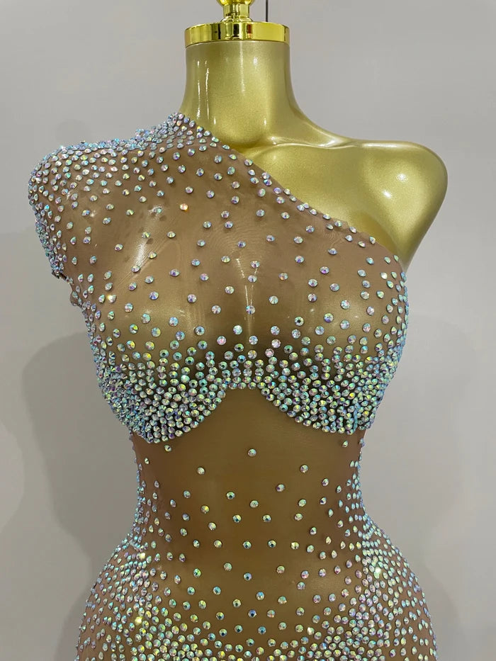 Sasha one shoulder rhinestone mesh sheer mini dress for women. Sexy party outfit for birthdays, nightlife, and stage wear.