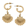 Scallop Shell Drop Hoop Earrings in Worn Gold