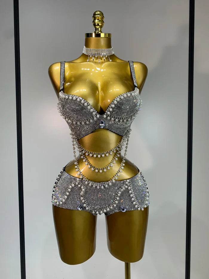 Diamante rhinestone bra and tassel panties festival bikini set