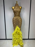 Sexy rhinestone feather mesh long dress with turtleneck and sleeveless design – Serena style.