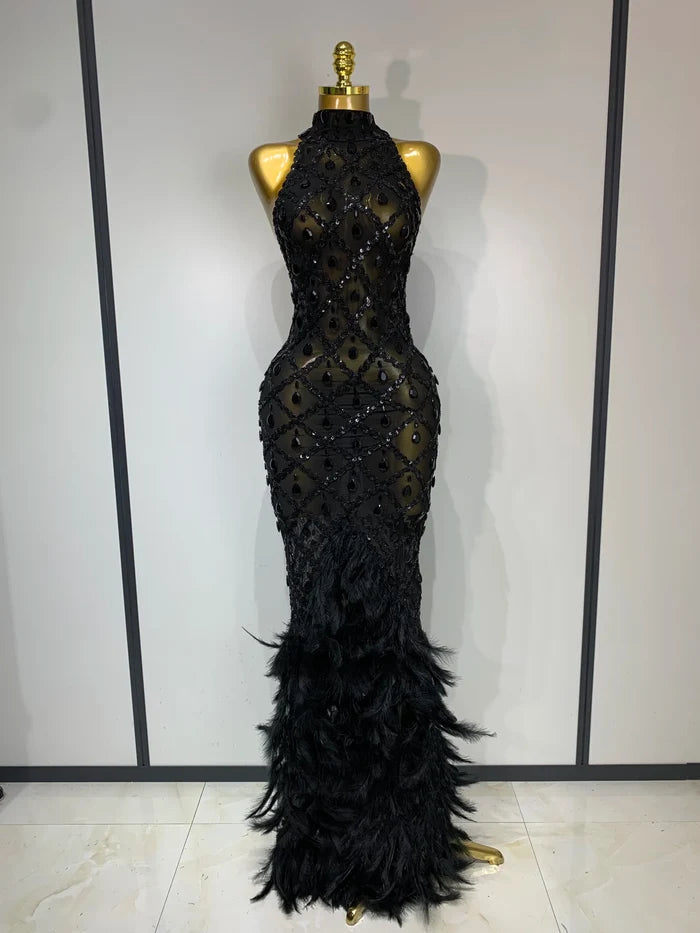 Sexy rhinestone feather mesh long dress with turtleneck and sleeveless design – Serena style.