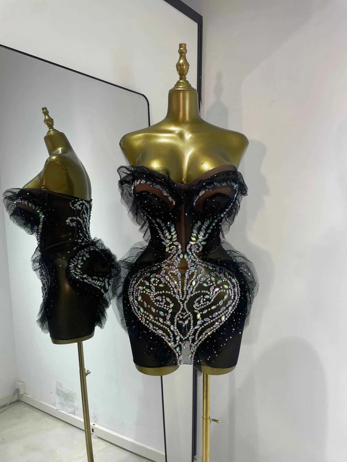 Shanice Black Strapless Rhinestone Ruffle Mesh Mini Dress