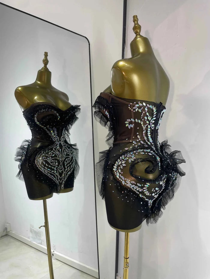 Shanice Black Strapless Rhinestone Ruffle Mesh Mini Dress