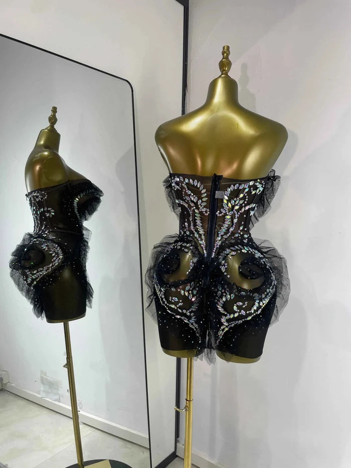 Shanice Black Strapless Rhinestone Ruffle Mesh Mini Dress