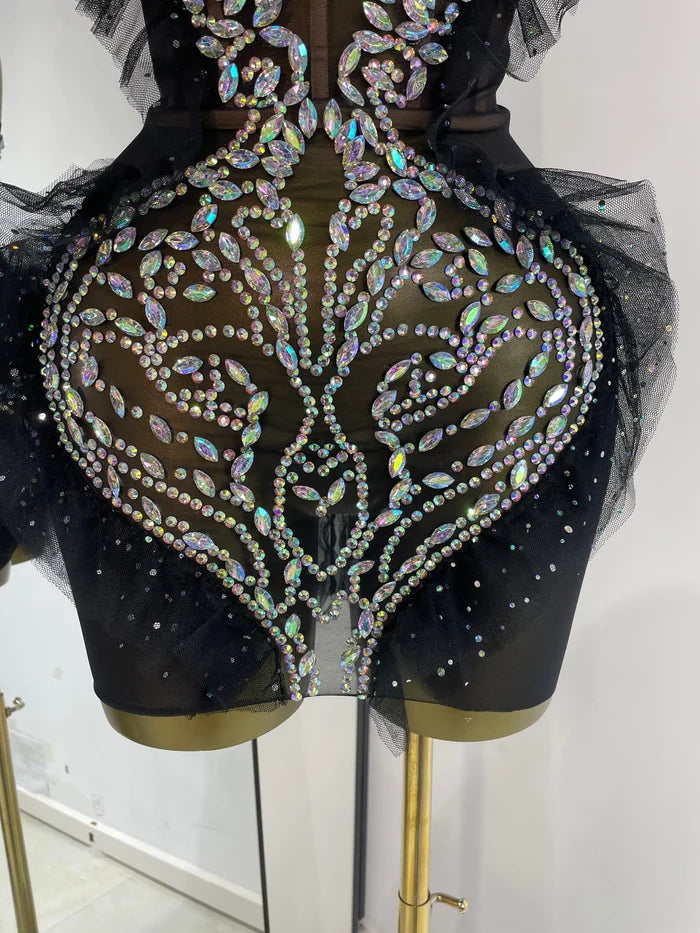 Shanice black strapless rhinestone ruffle mesh see-through mini dress for nightclub and party styling