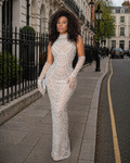 Luxury pearl beaded illusion evening gown front view with gloves elegant fitted dress