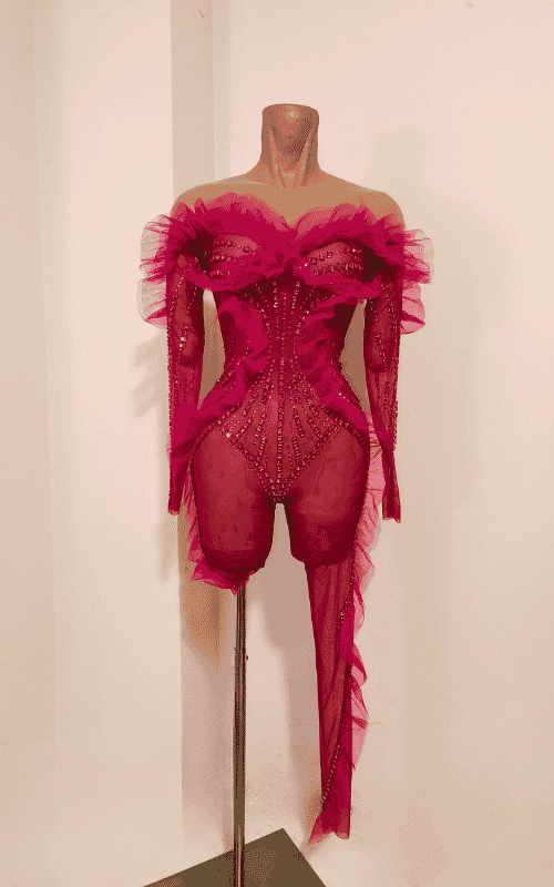 Sexy sparkly rhinestone see-through jumpsuit with long sleeves and fitted mesh design. Perfect for parties, nightlife, and glam evening looks.