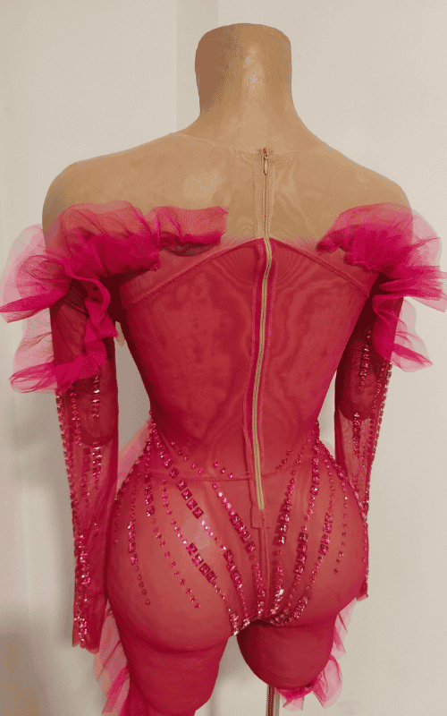 Sexy sparkly rhinestone see-through jumpsuit with long sleeves and fitted mesh design. Perfect for parties, nightlife, and glam evening looks.
