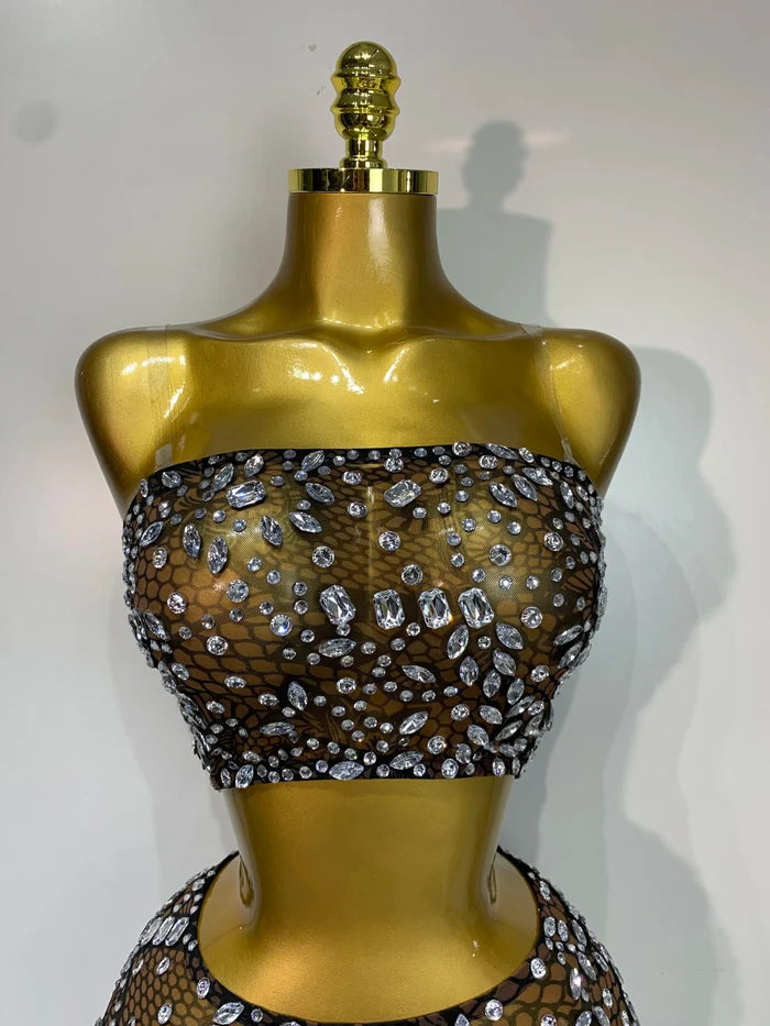 Sherry rhinestone sheer two piece gown set for women. Sexy luxury outfit for birthdays, nightlife, and evening parties.