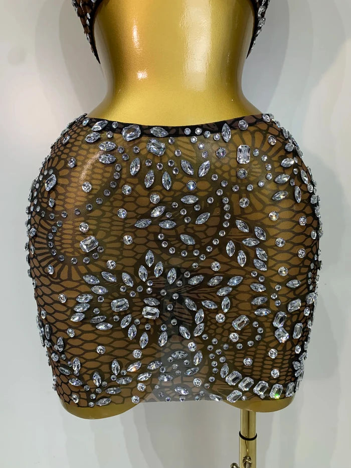 Sherry rhinestone sheer two piece gown set for women. Sexy luxury outfit for birthdays, nightlife, and evening parties.