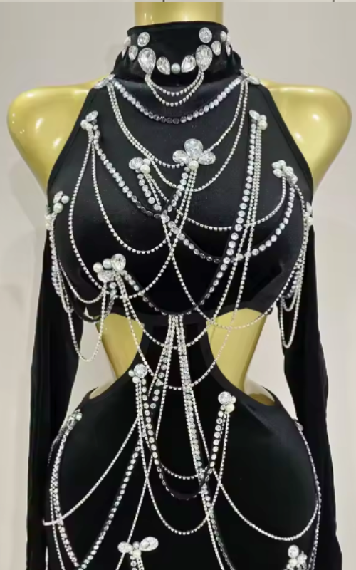 Shondra sparkly diamonds tassel chain black halter backless long dress for women, luxury evening birthday party club stage outfit