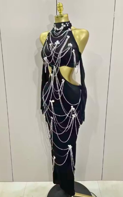 Shondra sparkly diamonds tassel chain black halter backless long dress for women, luxury evening birthday party club stage outfit