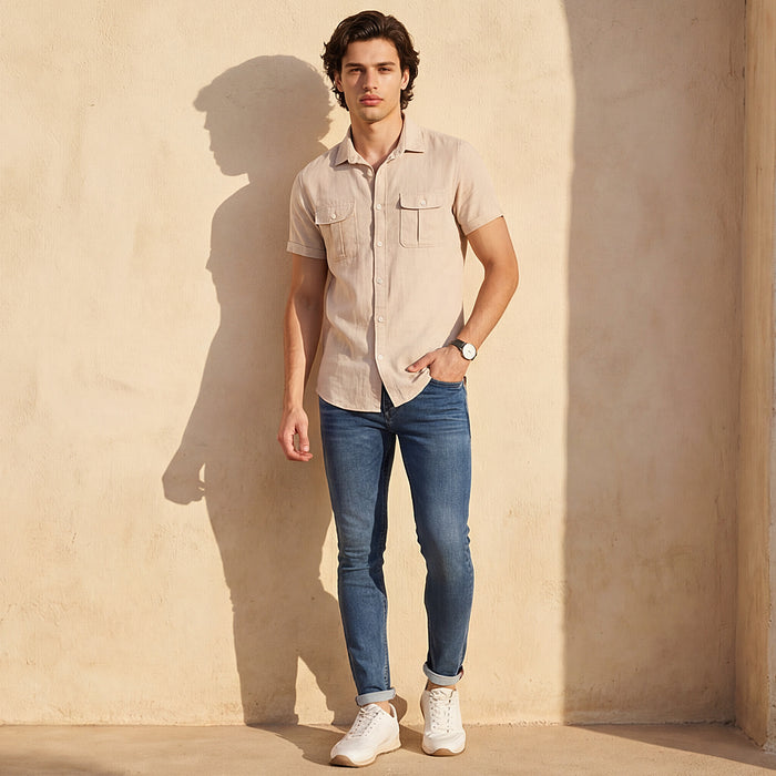 Short sleeves Slim Fit Cream Double Pocket Solid Crepe Shirt