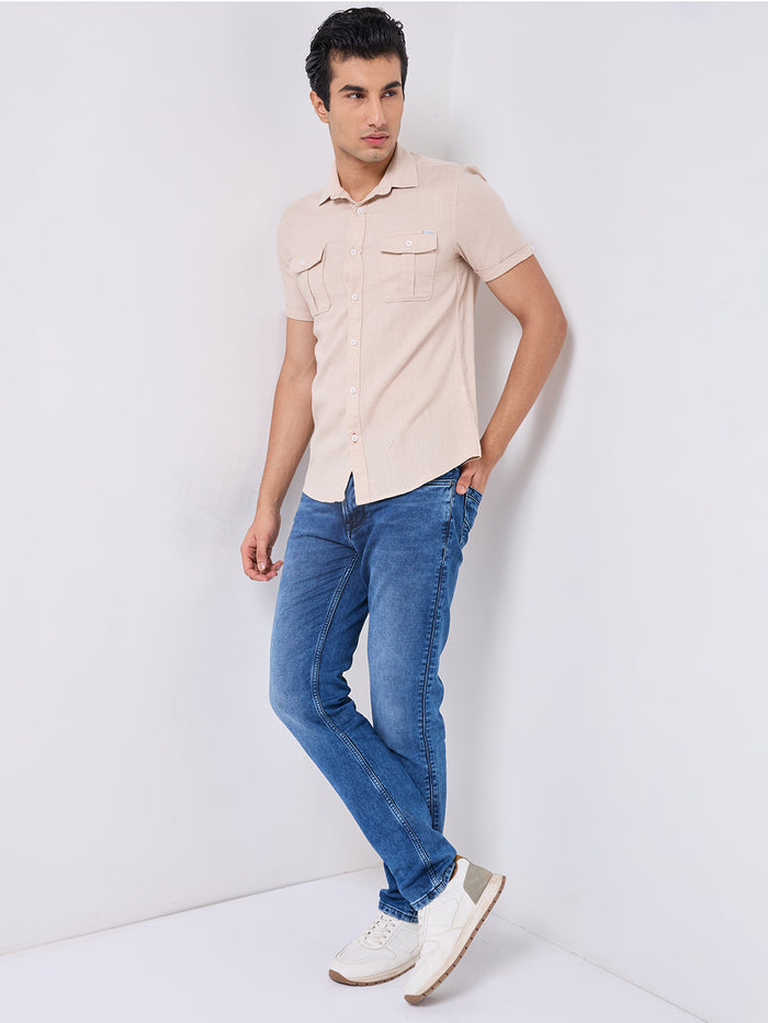 Short sleeves Slim Fit Cream Double Pocket Solid Crepe Shirt
