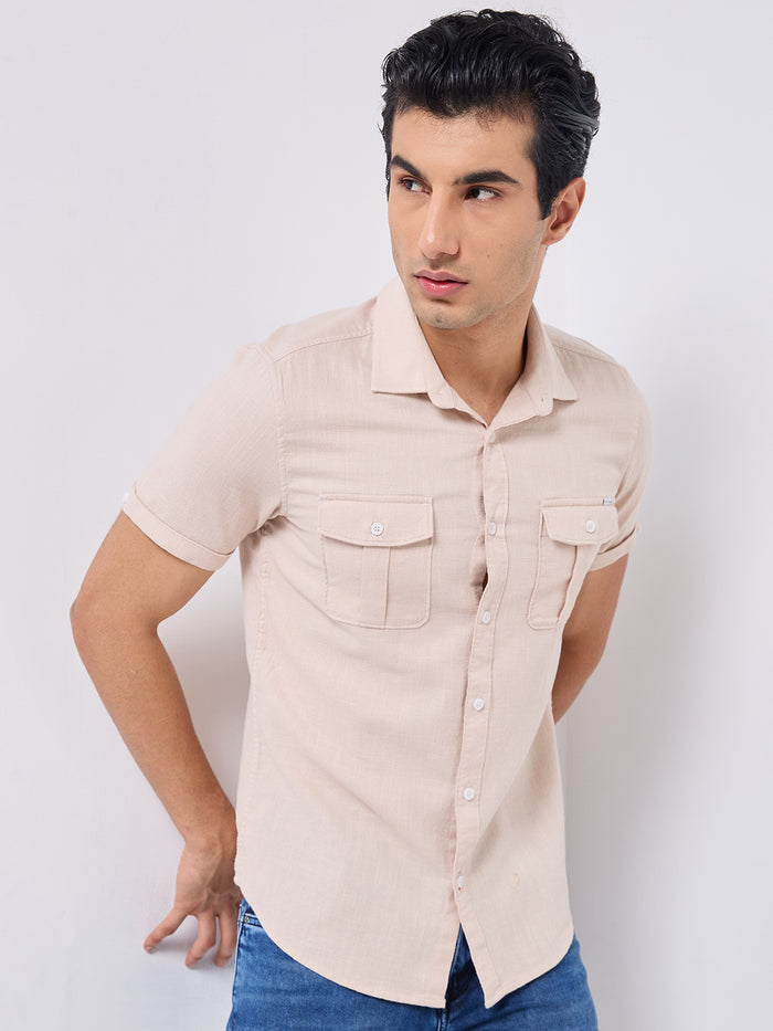 Short sleeves Slim Fit Cream Double Pocket Solid Crepe Shirt