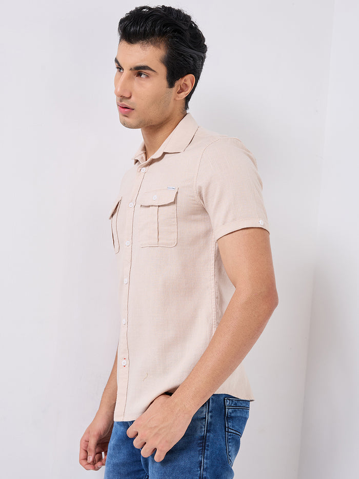 Short sleeves Slim Fit Cream Double Pocket Solid Crepe Shirt