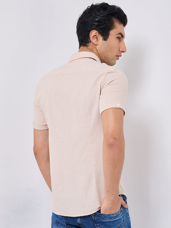 Short sleeves Slim Fit Cream Double Pocket Solid Crepe Shirt
