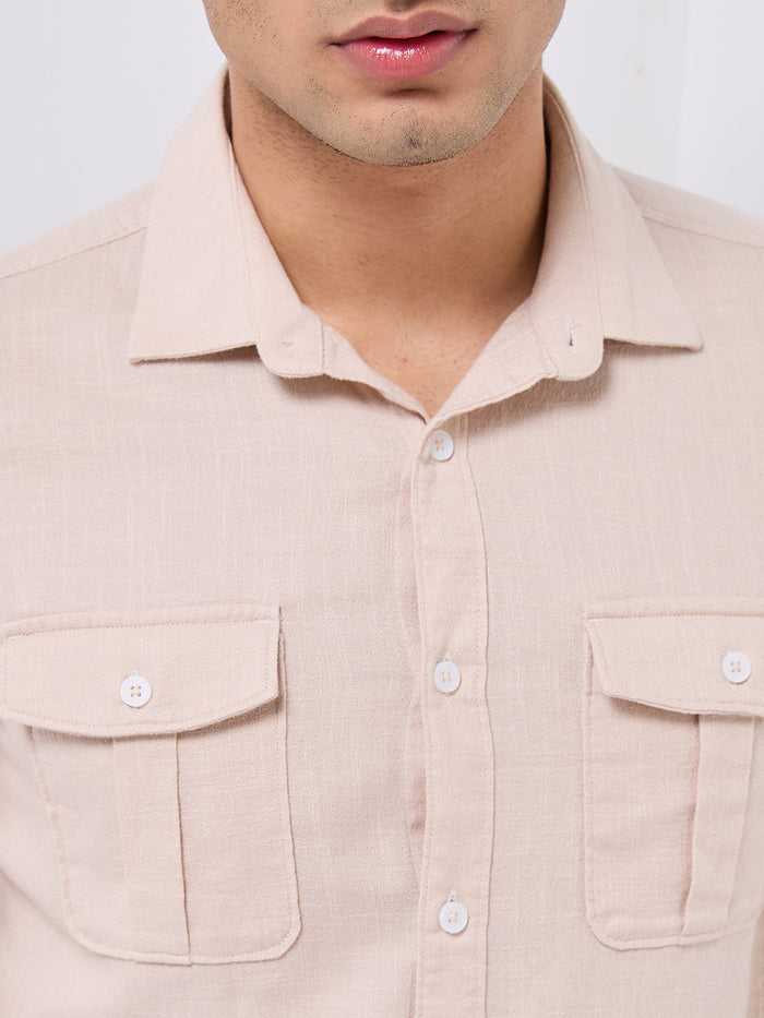 Short sleeves Slim Fit Cream Double Pocket Solid Crepe Shirt