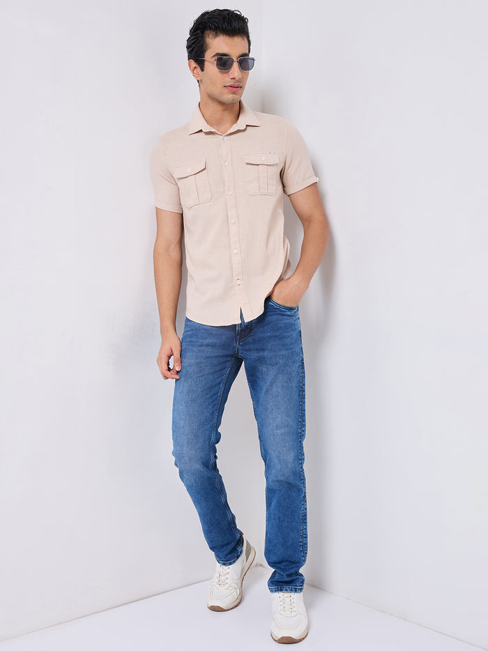 Short sleeves Slim Fit Cream Double Pocket Solid Crepe Shirt
