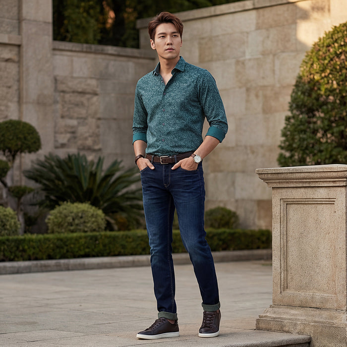 Short sleeves Slim Fit Green Abstract Ethnic Fusion Print Shirt