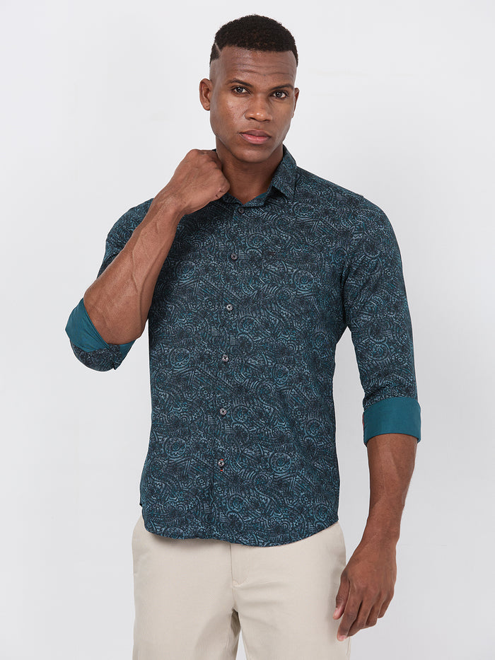 Short sleeves Slim Fit Green Abstract Ethnic Fusion Print Shirt