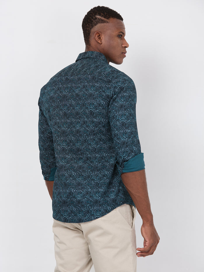 Short sleeves Slim Fit Green Abstract Ethnic Fusion Print Shirt