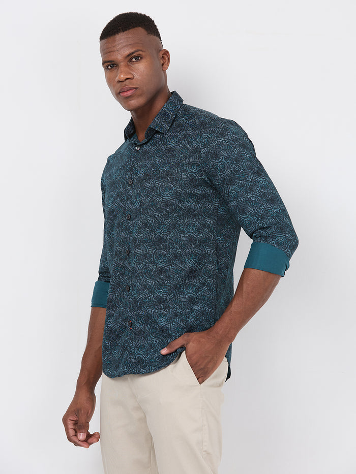 Short sleeves Slim Fit Green Abstract Ethnic Fusion Print Shirt