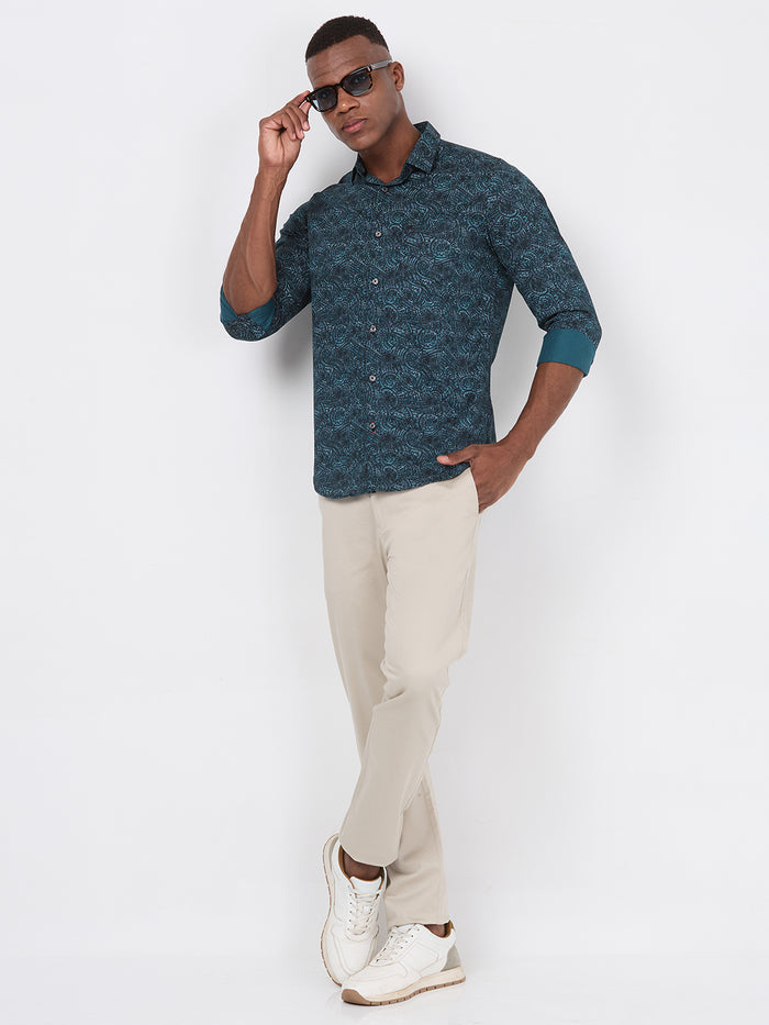 Short sleeves Slim Fit Green Abstract Ethnic Fusion Print Shirt
