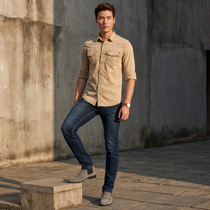 Short sleeves Slim Fit Khaki Heavy Washed Double Pocket Solid Shirt